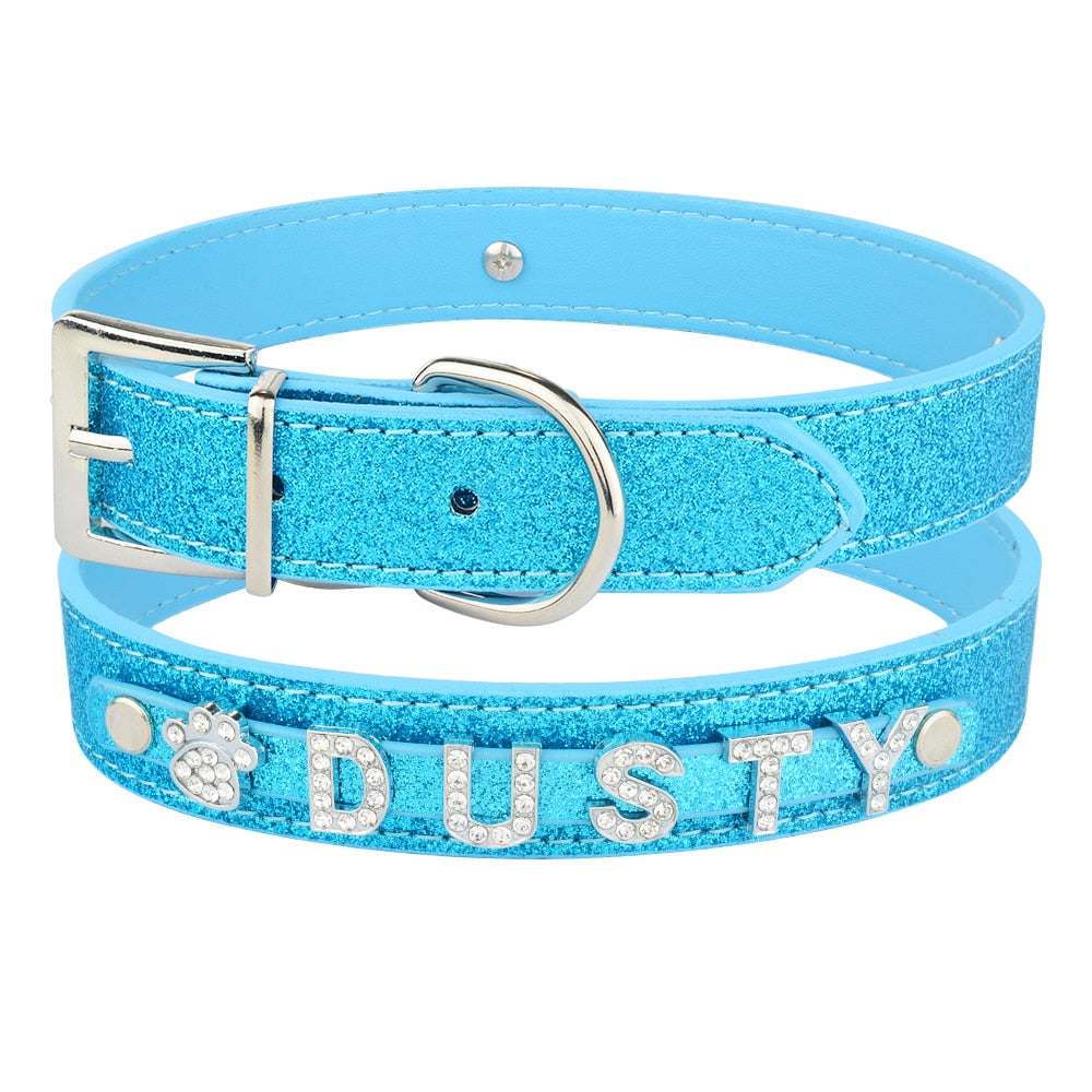 Personalized Dog Collar Leather Rhinestone Bling Charms