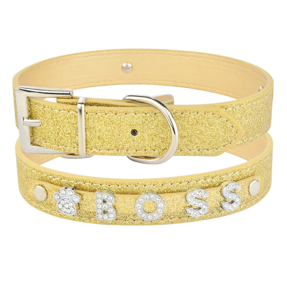 Personalized Dog Collar Leather Rhinestone Bling Charms