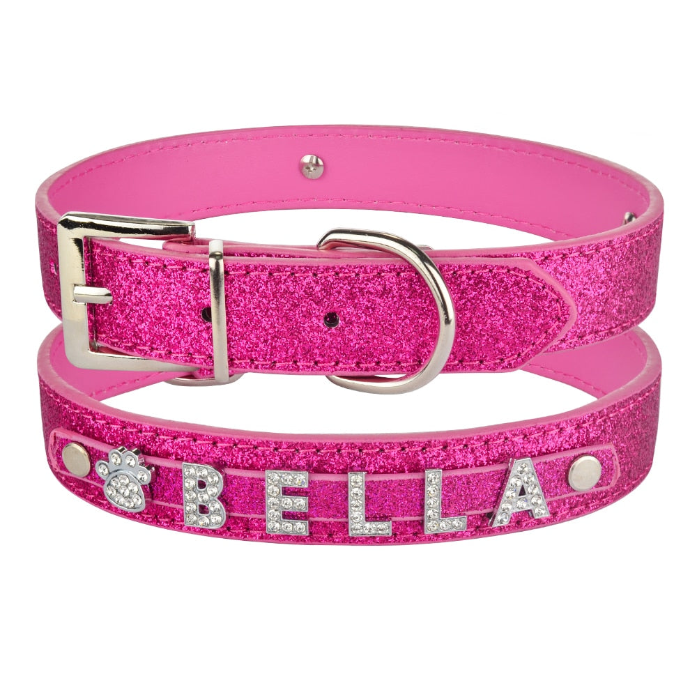 Personalized Dog Collar Leather Rhinestone Bling Charms
