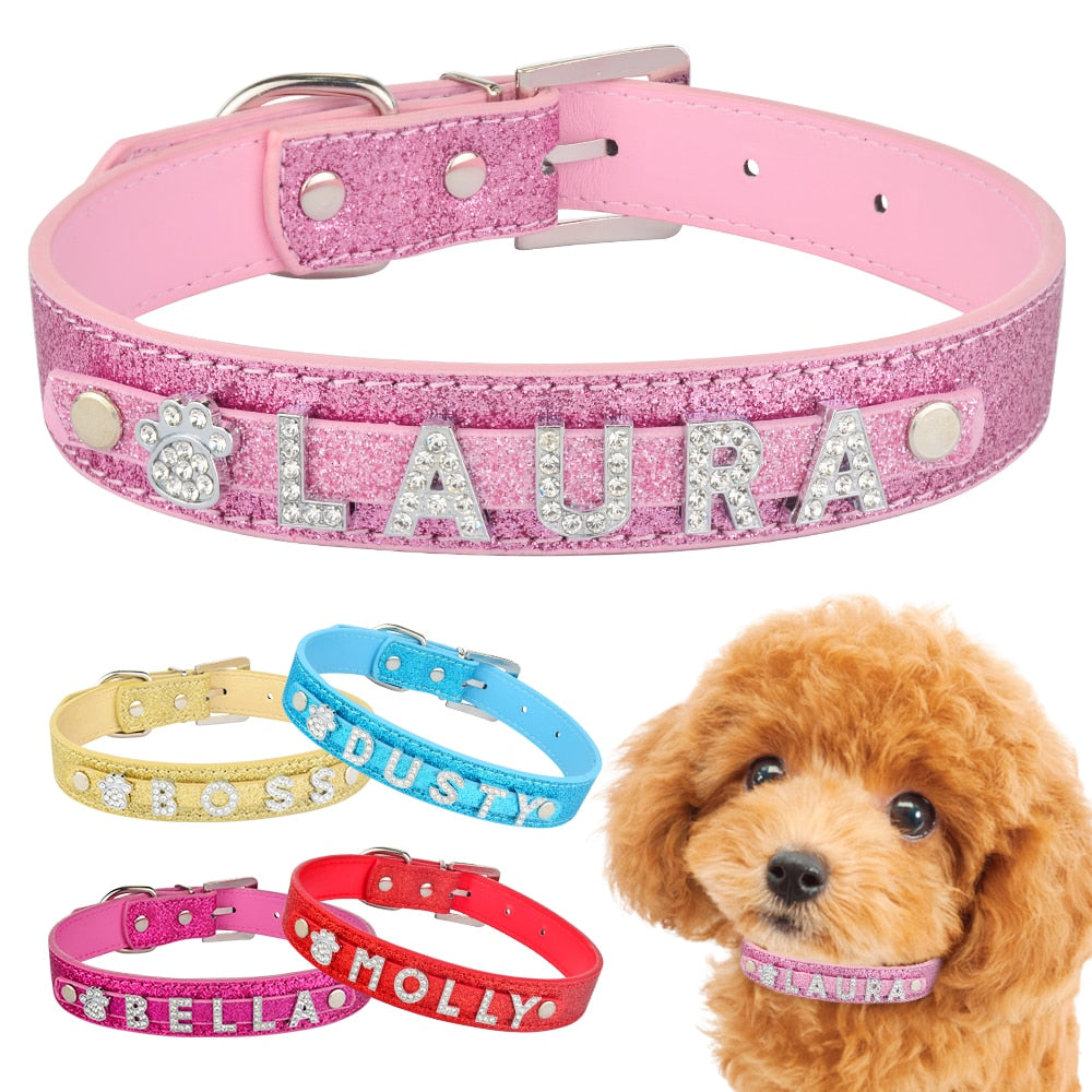 Personalized Dog Collar Leather Rhinestone Bling Charms