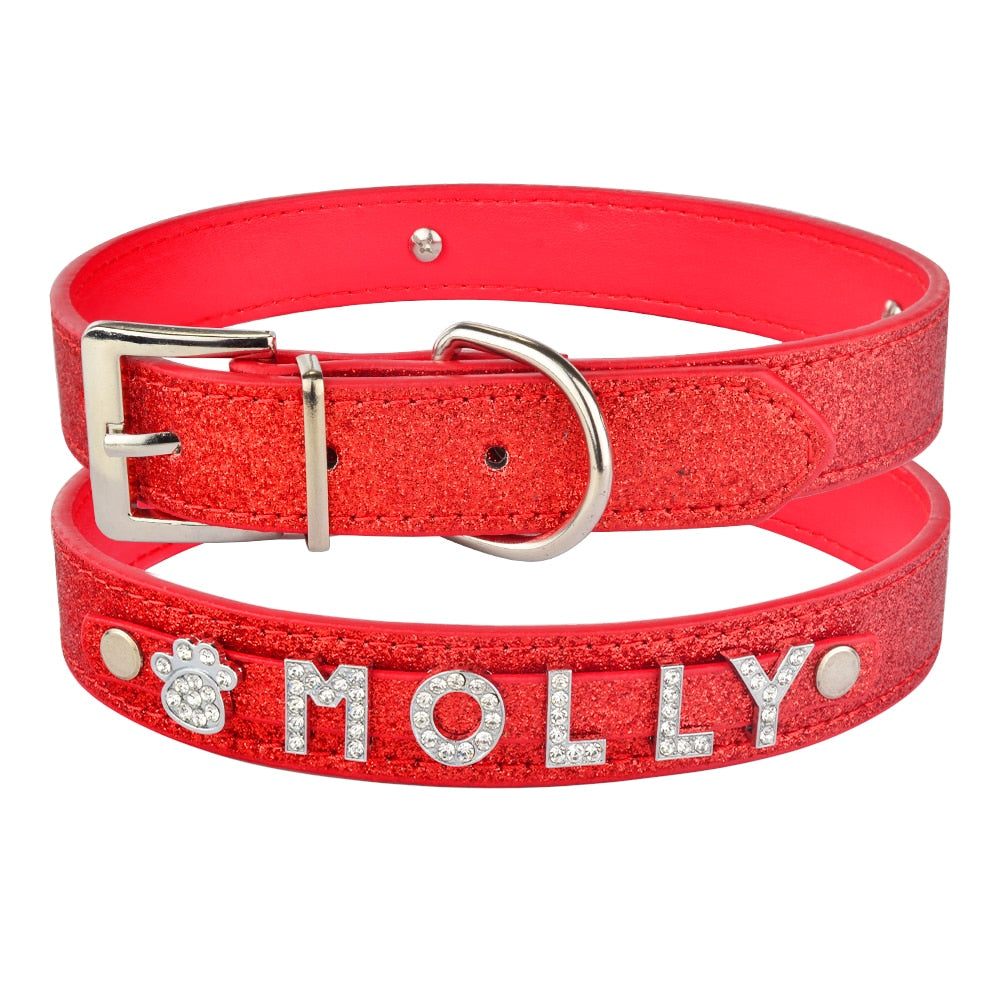 Personalized Dog Collar Leather Rhinestone Bling Charms