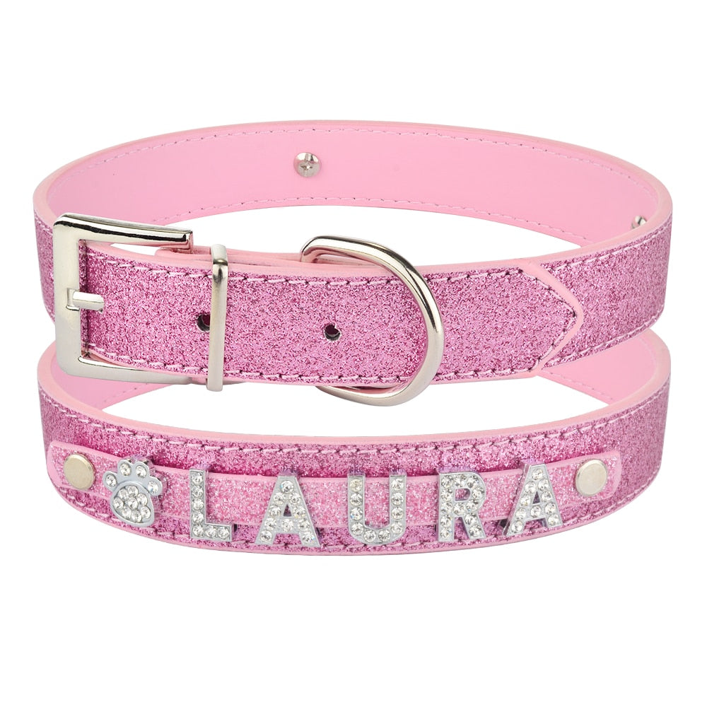 Personalized Dog Collar Leather Rhinestone Bling Charms