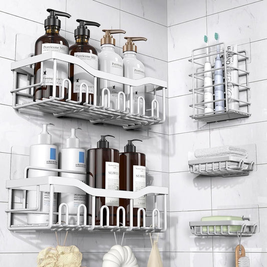 Shower Caddy, Shower Shelves 5 Pack, Adhesive Shower Organizer for Bathroom & Kitchen, No Drilling, Large Capacity, Rustproof SUS304 Stainless Steel Bathroom Organizer, Bathroom Accessories, Black