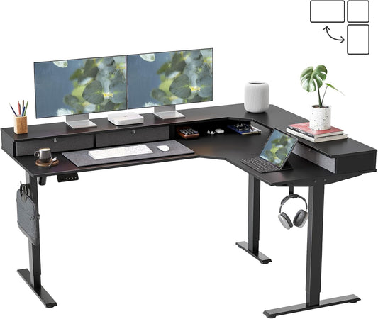L Shaped Electric Standing Desk, 63 X48 Inch Large with Drawers | Reversible Tabletop, 2 Memory Height Settings | Home Office & Gaming Height-Adjustable Table, Black Top/Black Frame（2 Packages）