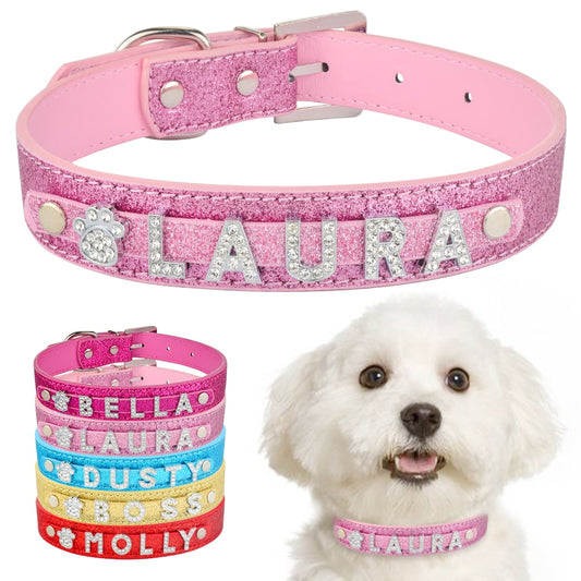 Personalized Dog Collar Leather Rhinestone Bling Charms
